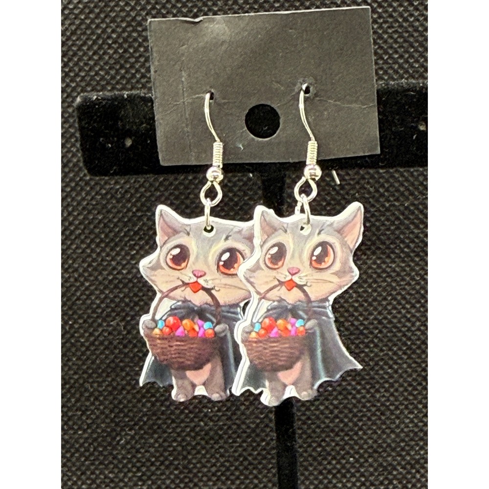 Handmade Halloween Cat Vampire Earrings Kitten Trick or Treat Acrylic Dangle